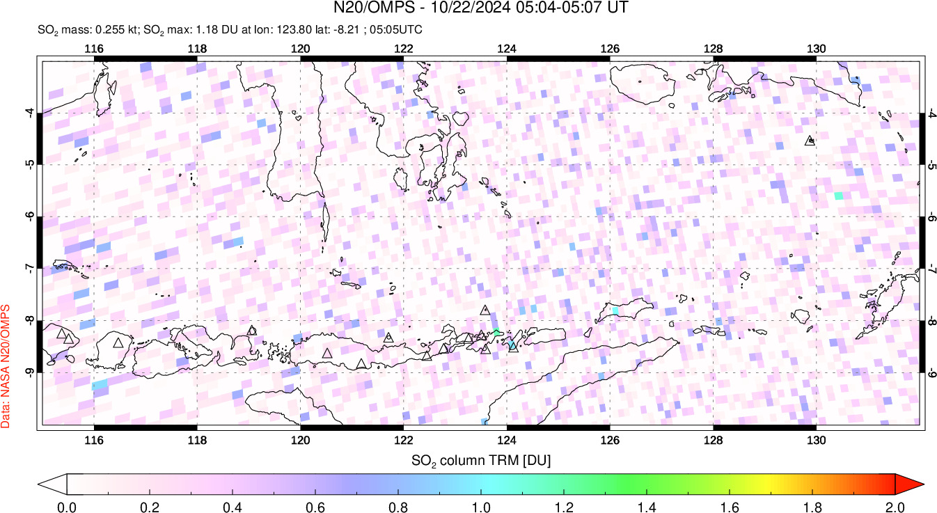 A sulfur dioxide image over Lesser Sunda Islands, Indonesia on Oct 22, 2024.