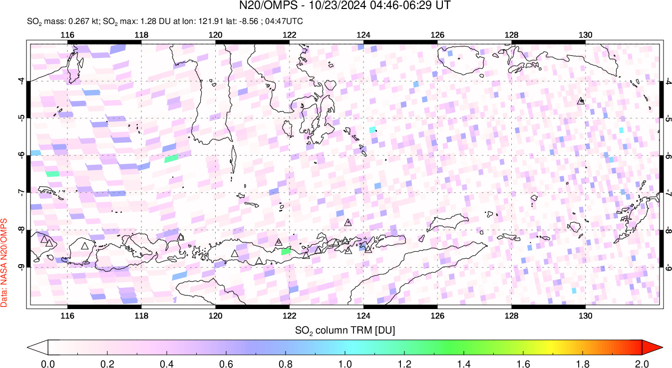 A sulfur dioxide image over Lesser Sunda Islands, Indonesia on Oct 23, 2024.