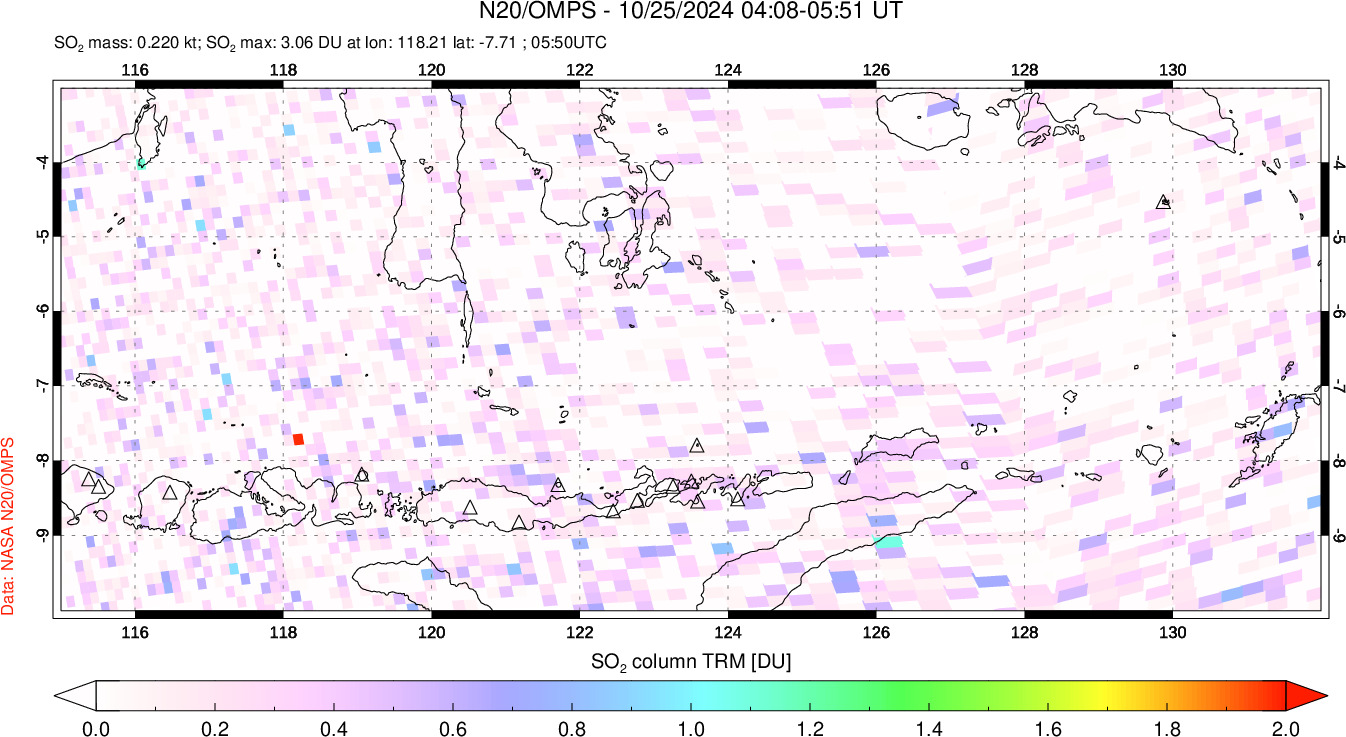 A sulfur dioxide image over Lesser Sunda Islands, Indonesia on Oct 25, 2024.