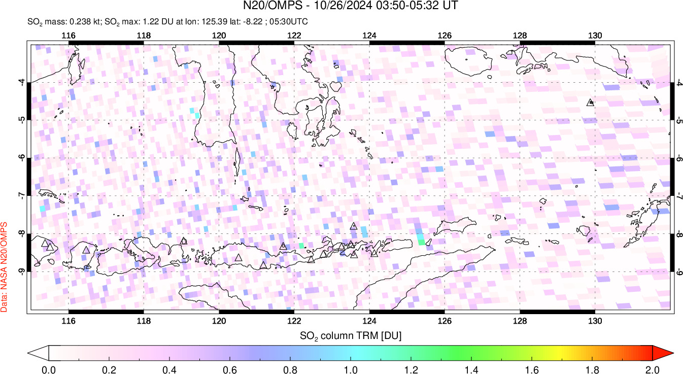 A sulfur dioxide image over Lesser Sunda Islands, Indonesia on Oct 26, 2024.