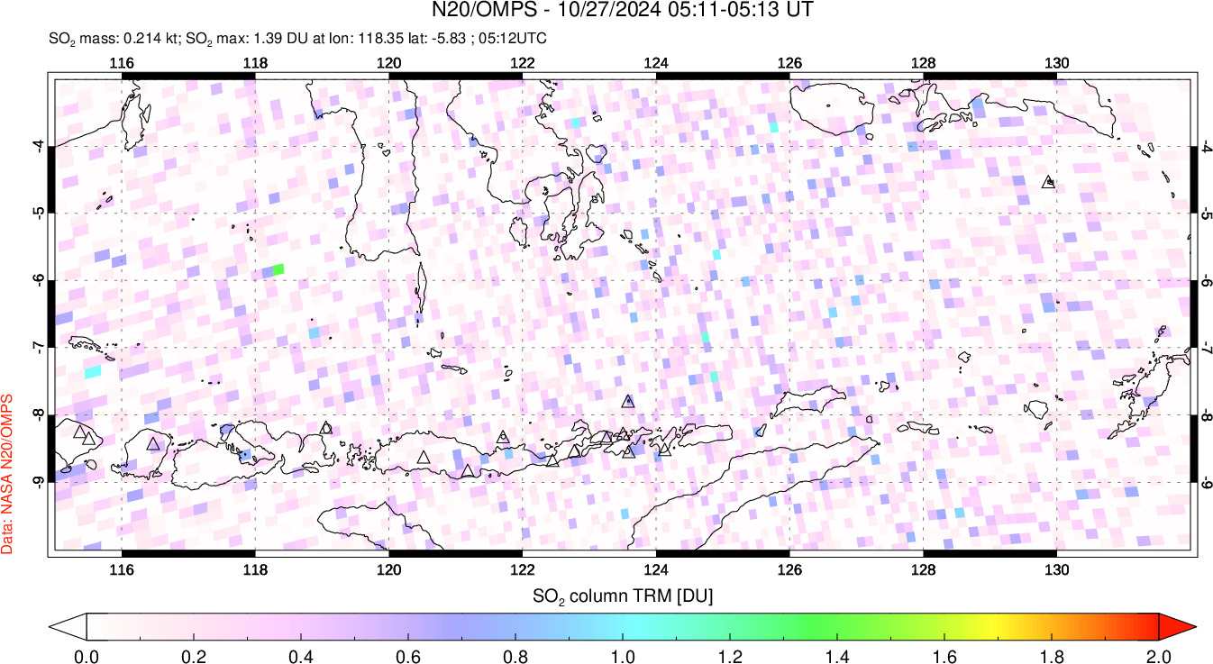 A sulfur dioxide image over Lesser Sunda Islands, Indonesia on Oct 27, 2024.