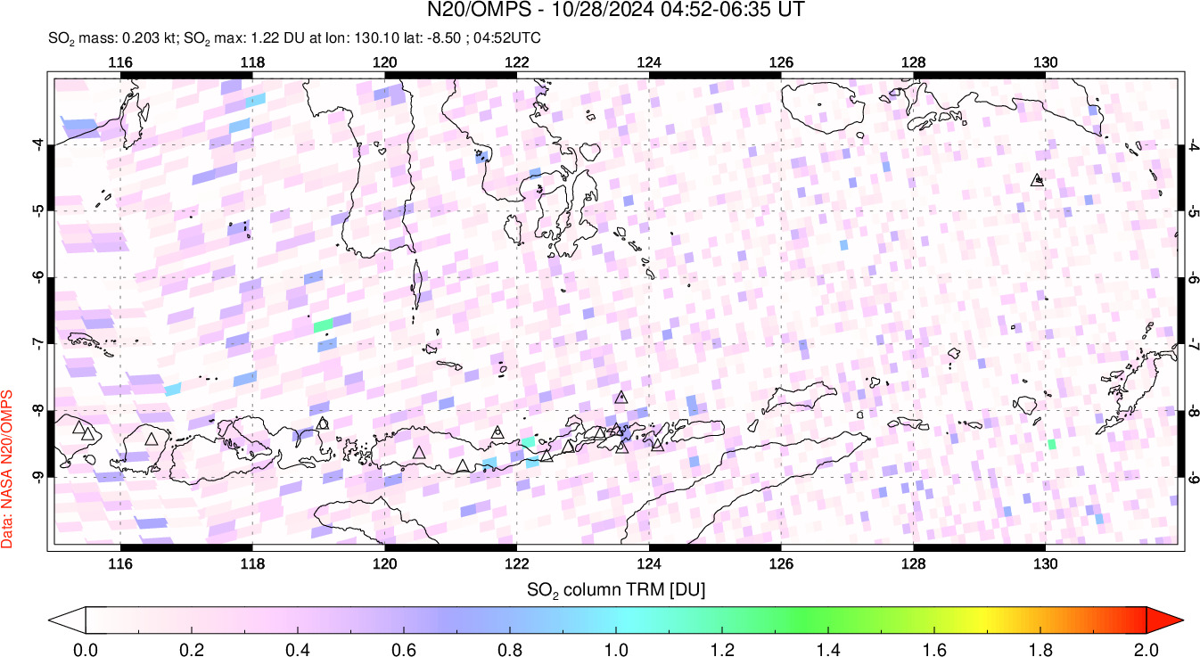 A sulfur dioxide image over Lesser Sunda Islands, Indonesia on Oct 28, 2024.