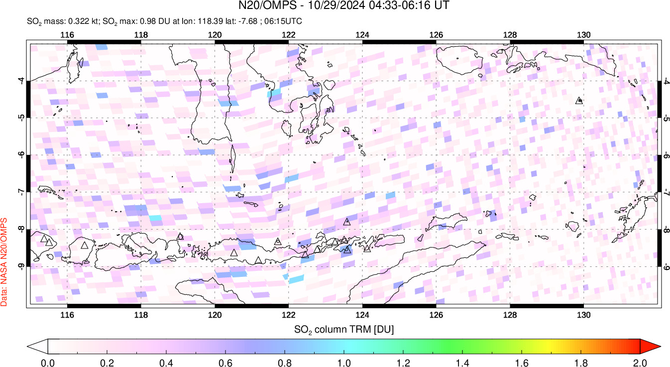 A sulfur dioxide image over Lesser Sunda Islands, Indonesia on Oct 29, 2024.