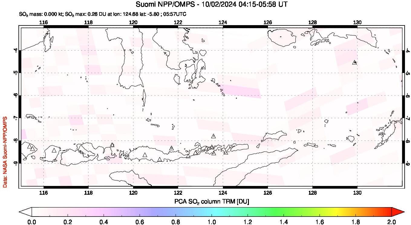 A sulfur dioxide image over Lesser Sunda Islands, Indonesia on Oct 02, 2024.