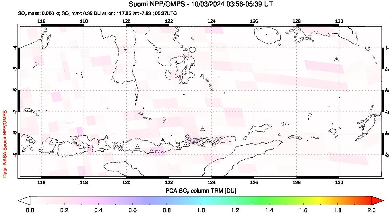 A sulfur dioxide image over Lesser Sunda Islands, Indonesia on Oct 03, 2024.