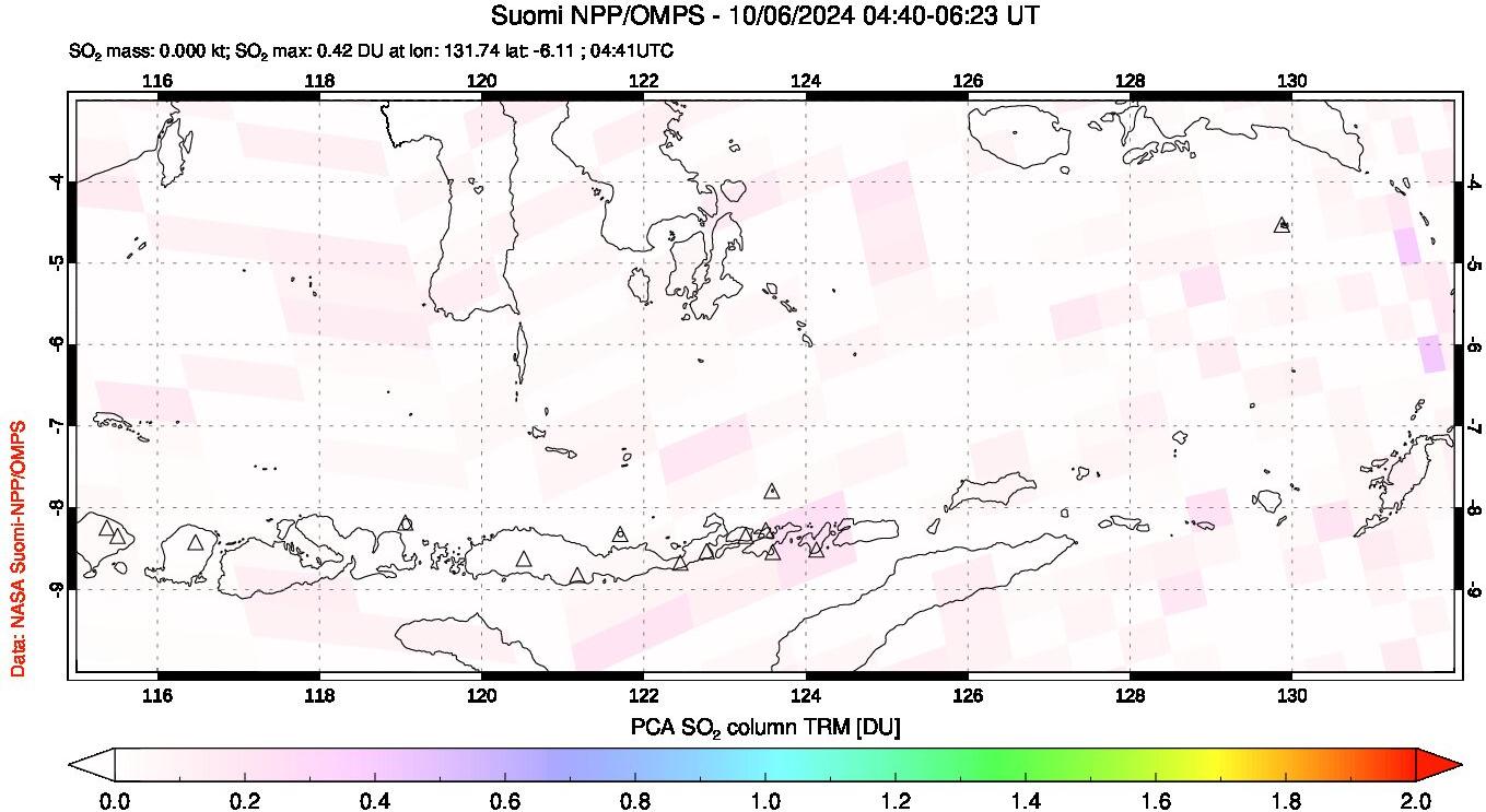 A sulfur dioxide image over Lesser Sunda Islands, Indonesia on Oct 06, 2024.