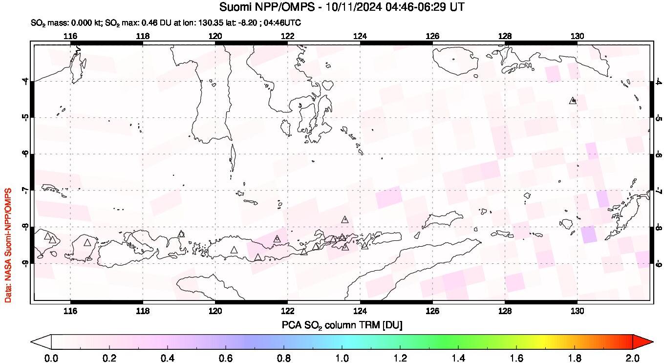 A sulfur dioxide image over Lesser Sunda Islands, Indonesia on Oct 11, 2024.