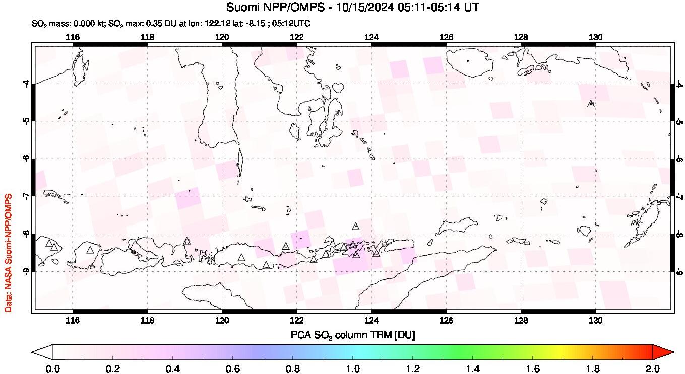 A sulfur dioxide image over Lesser Sunda Islands, Indonesia on Oct 15, 2024.