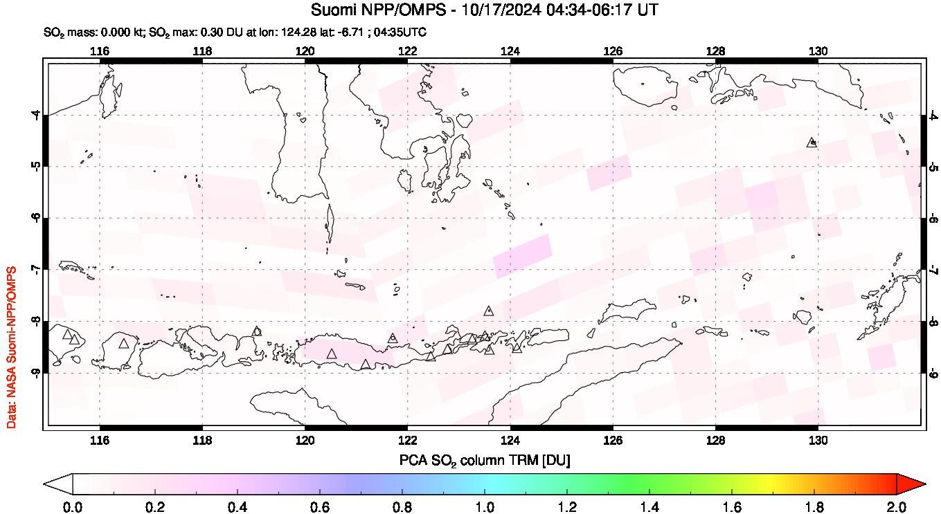 A sulfur dioxide image over Lesser Sunda Islands, Indonesia on Oct 17, 2024.