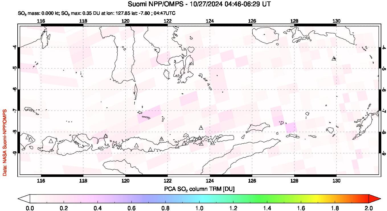 A sulfur dioxide image over Lesser Sunda Islands, Indonesia on Oct 27, 2024.