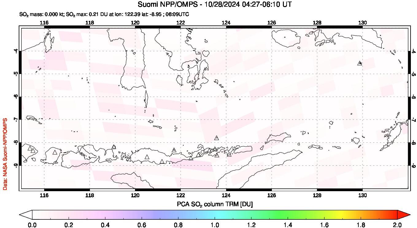 A sulfur dioxide image over Lesser Sunda Islands, Indonesia on Oct 28, 2024.