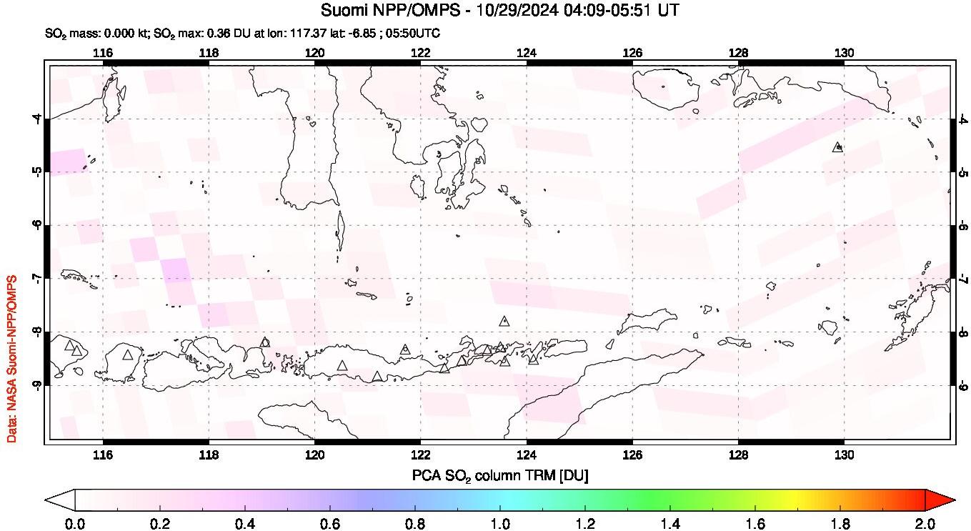 A sulfur dioxide image over Lesser Sunda Islands, Indonesia on Oct 29, 2024.