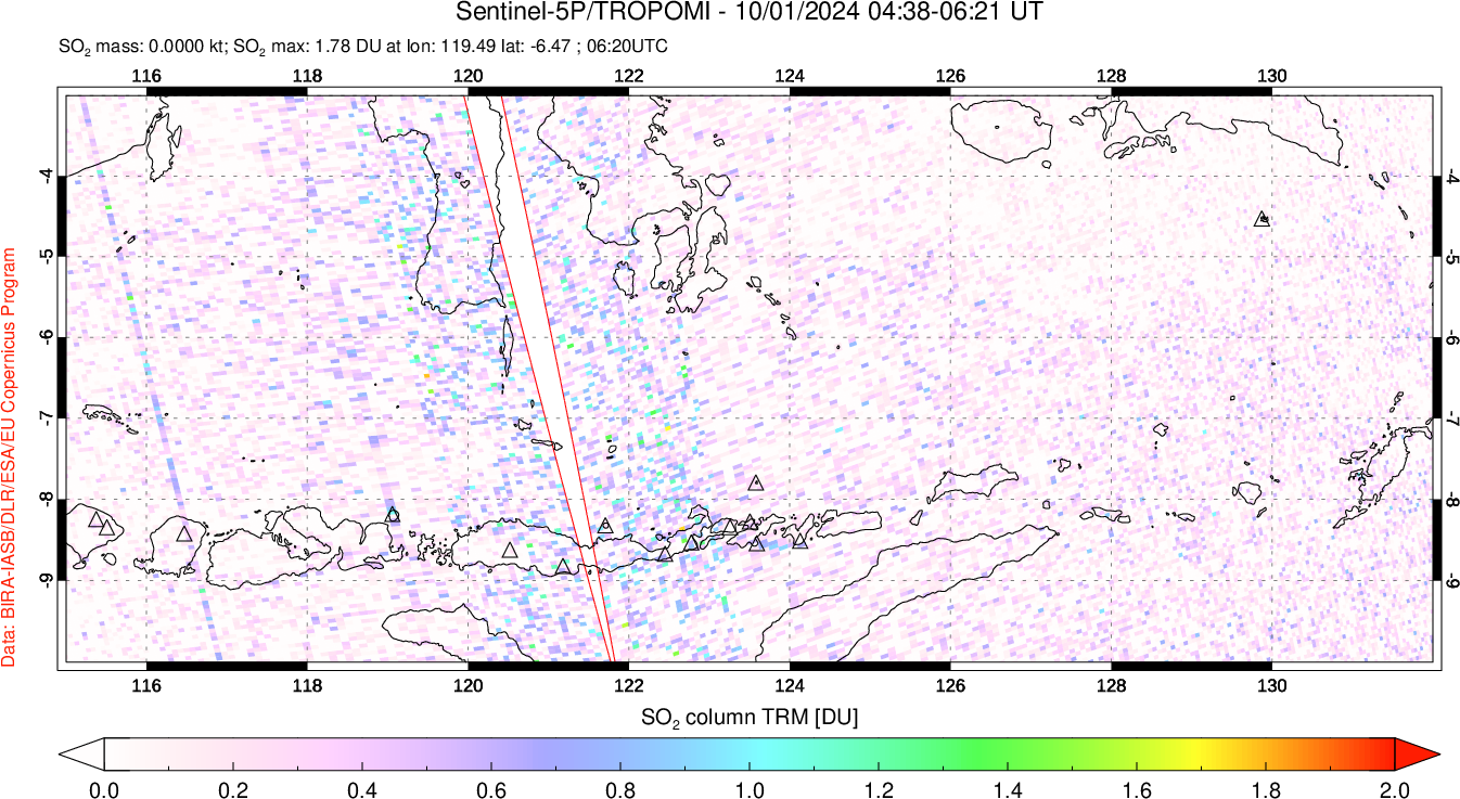 A sulfur dioxide image over Lesser Sunda Islands, Indonesia on Oct 01, 2024.