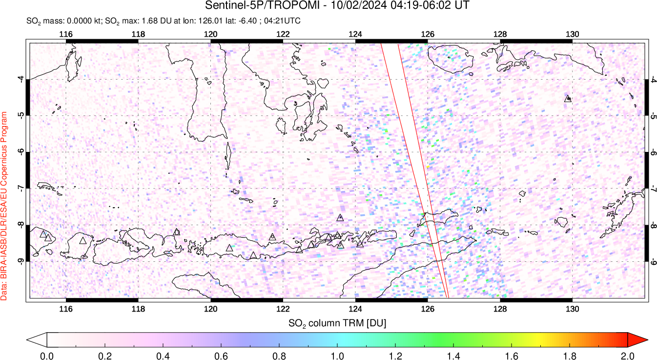 A sulfur dioxide image over Lesser Sunda Islands, Indonesia on Oct 02, 2024.