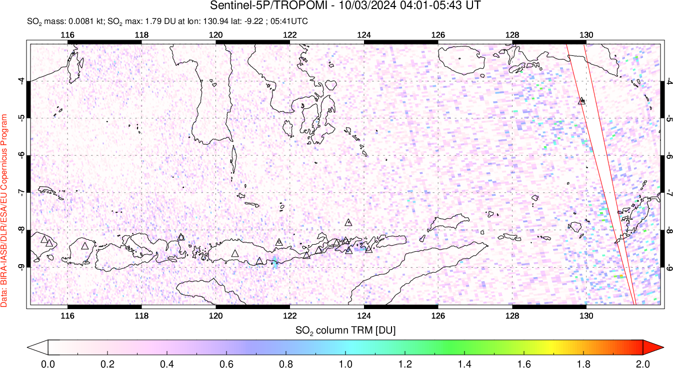 A sulfur dioxide image over Lesser Sunda Islands, Indonesia on Oct 03, 2024.