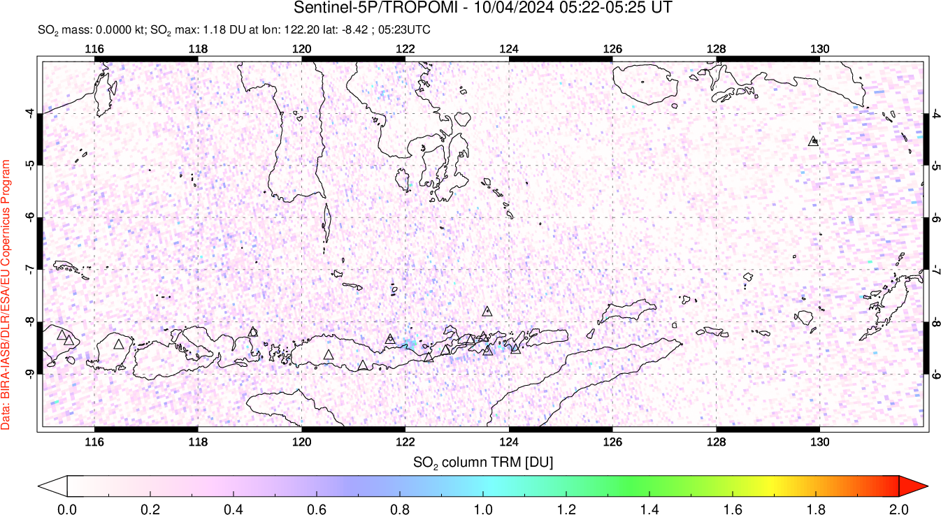 A sulfur dioxide image over Lesser Sunda Islands, Indonesia on Oct 04, 2024.