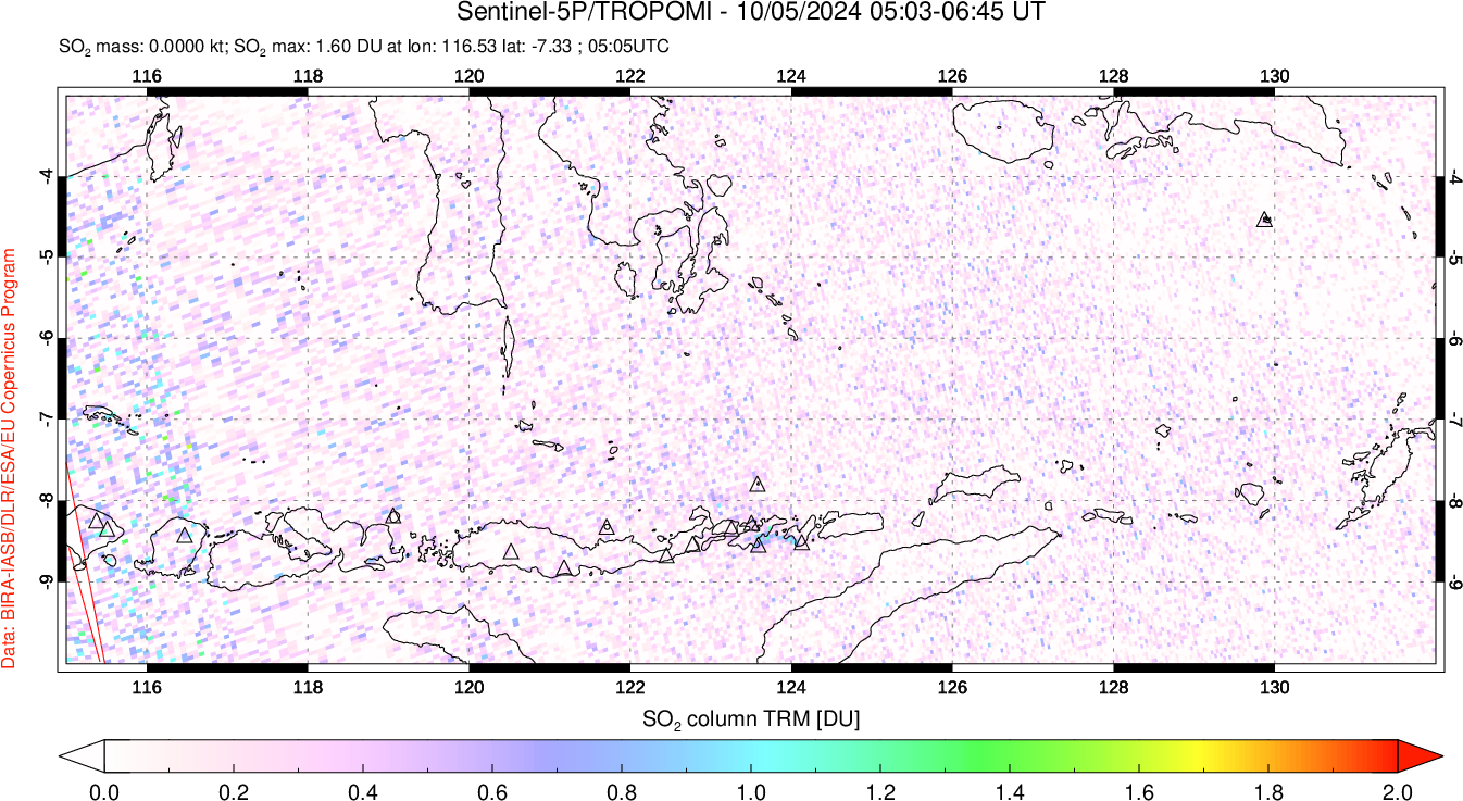 A sulfur dioxide image over Lesser Sunda Islands, Indonesia on Oct 05, 2024.