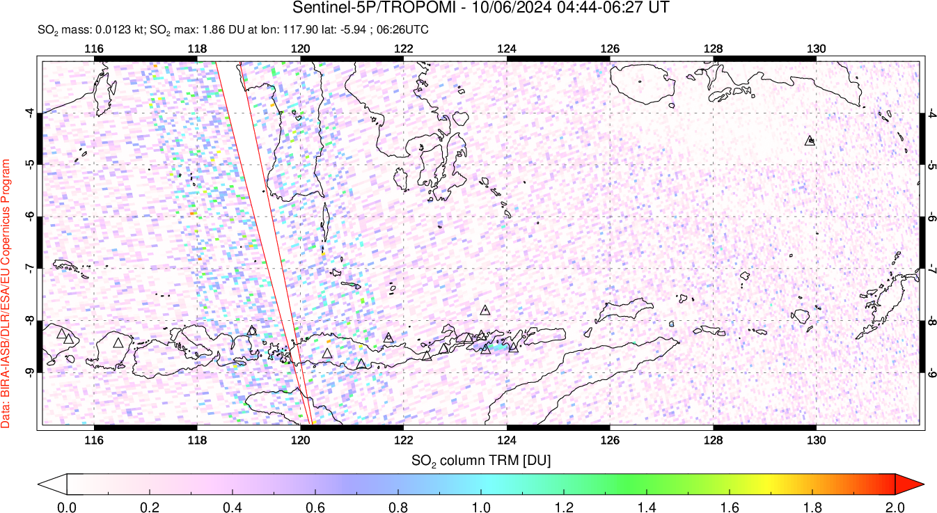 A sulfur dioxide image over Lesser Sunda Islands, Indonesia on Oct 06, 2024.