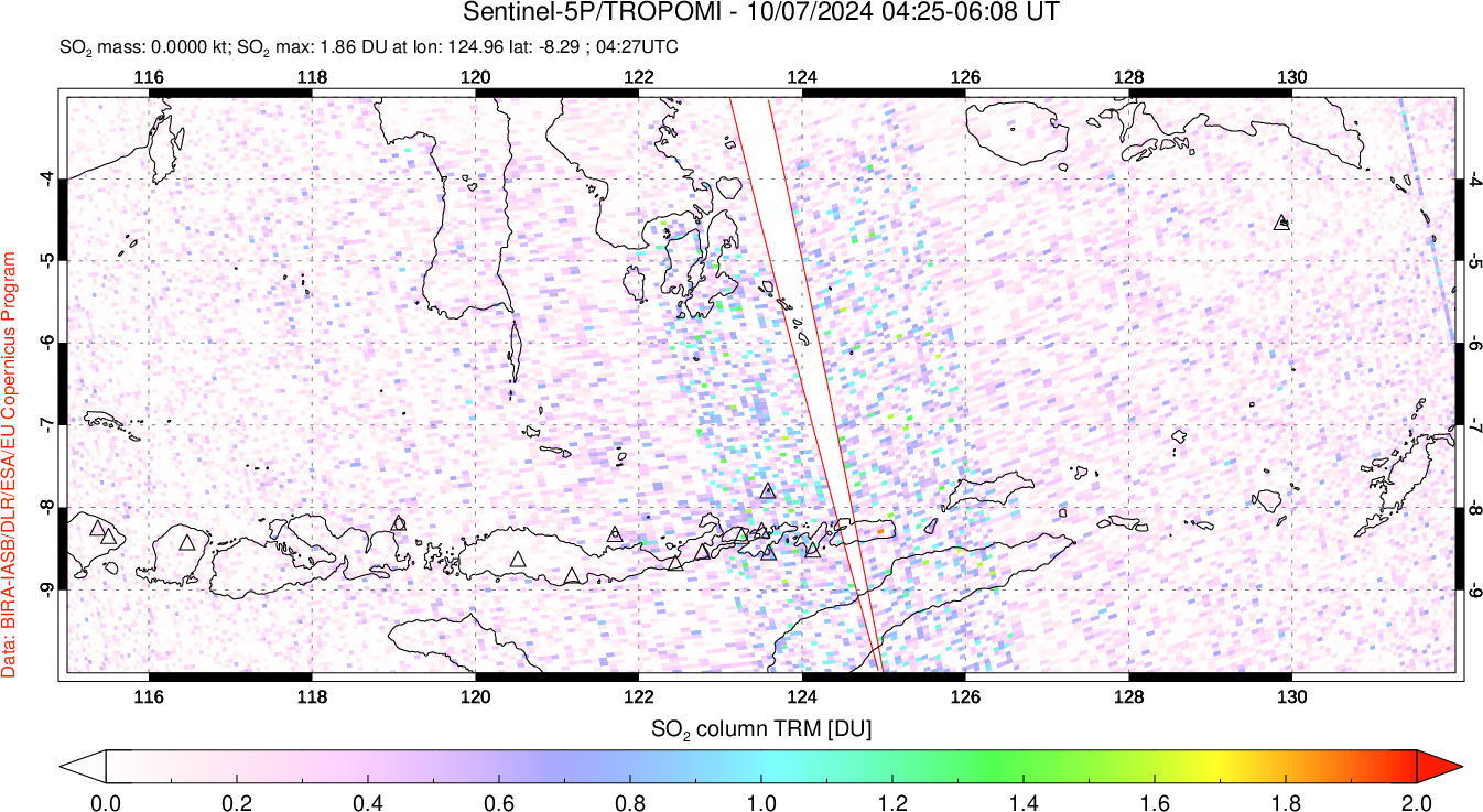 A sulfur dioxide image over Lesser Sunda Islands, Indonesia on Oct 07, 2024.