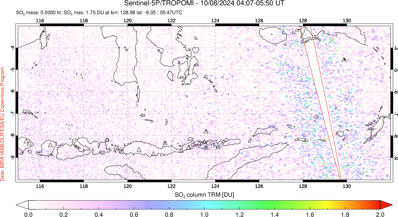 A sulfur dioxide image over Lesser Sunda Islands, Indonesia on Oct 08, 2024.