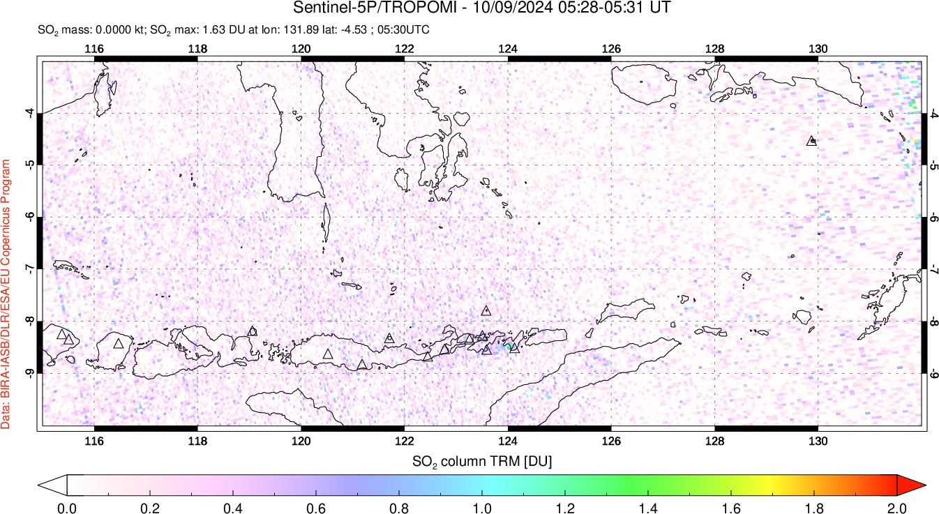 A sulfur dioxide image over Lesser Sunda Islands, Indonesia on Oct 09, 2024.