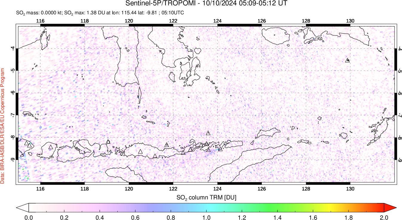 A sulfur dioxide image over Lesser Sunda Islands, Indonesia on Oct 10, 2024.