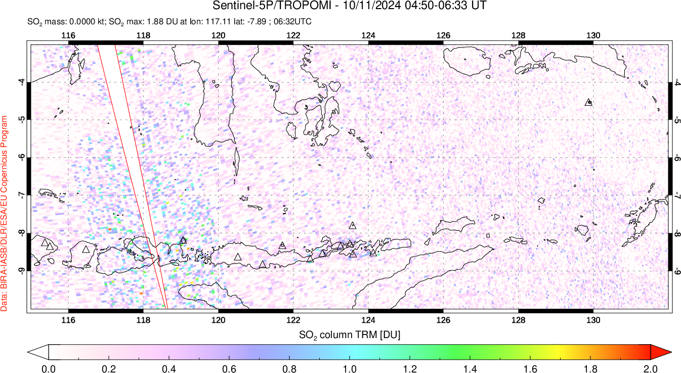 A sulfur dioxide image over Lesser Sunda Islands, Indonesia on Oct 11, 2024.