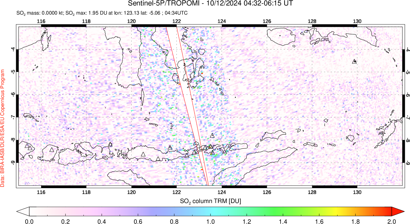 A sulfur dioxide image over Lesser Sunda Islands, Indonesia on Oct 12, 2024.