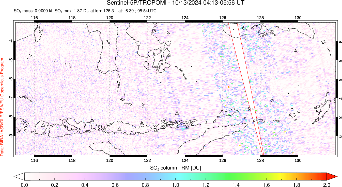 A sulfur dioxide image over Lesser Sunda Islands, Indonesia on Oct 13, 2024.