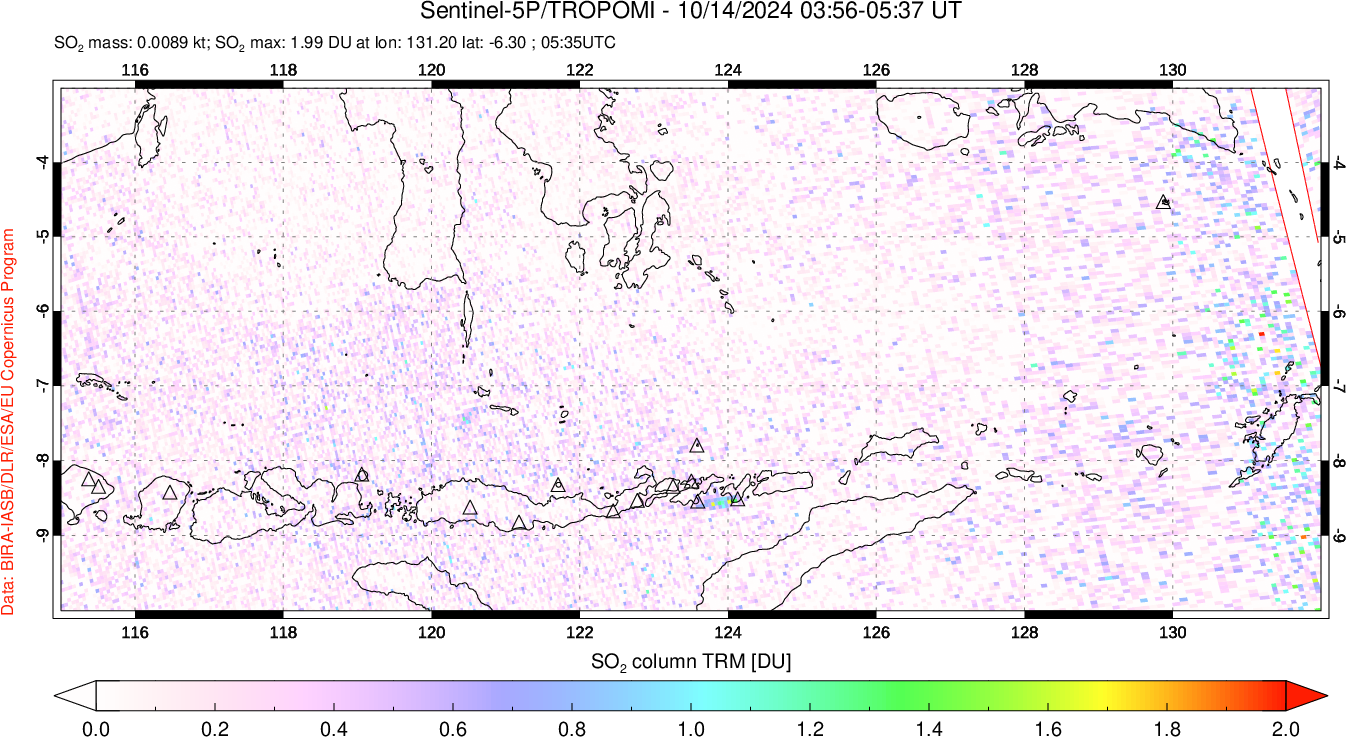 A sulfur dioxide image over Lesser Sunda Islands, Indonesia on Oct 14, 2024.