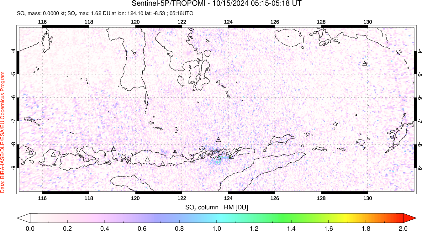 A sulfur dioxide image over Lesser Sunda Islands, Indonesia on Oct 15, 2024.