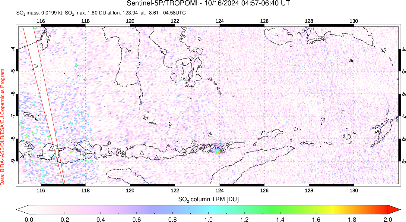 A sulfur dioxide image over Lesser Sunda Islands, Indonesia on Oct 16, 2024.