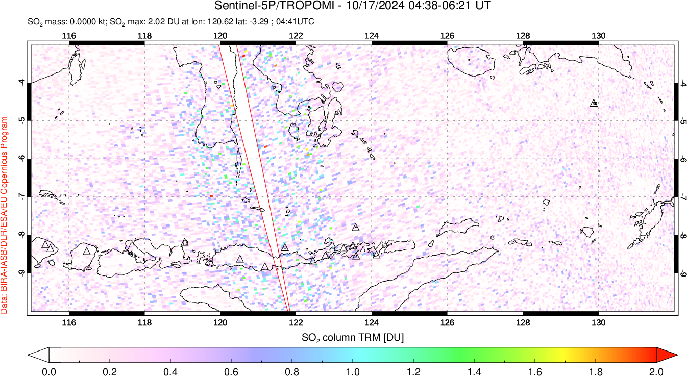 A sulfur dioxide image over Lesser Sunda Islands, Indonesia on Oct 17, 2024.