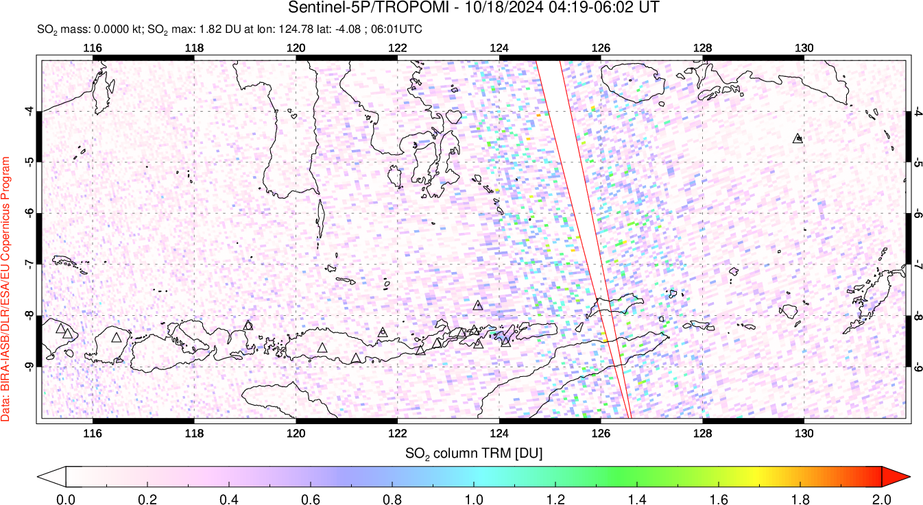 A sulfur dioxide image over Lesser Sunda Islands, Indonesia on Oct 18, 2024.