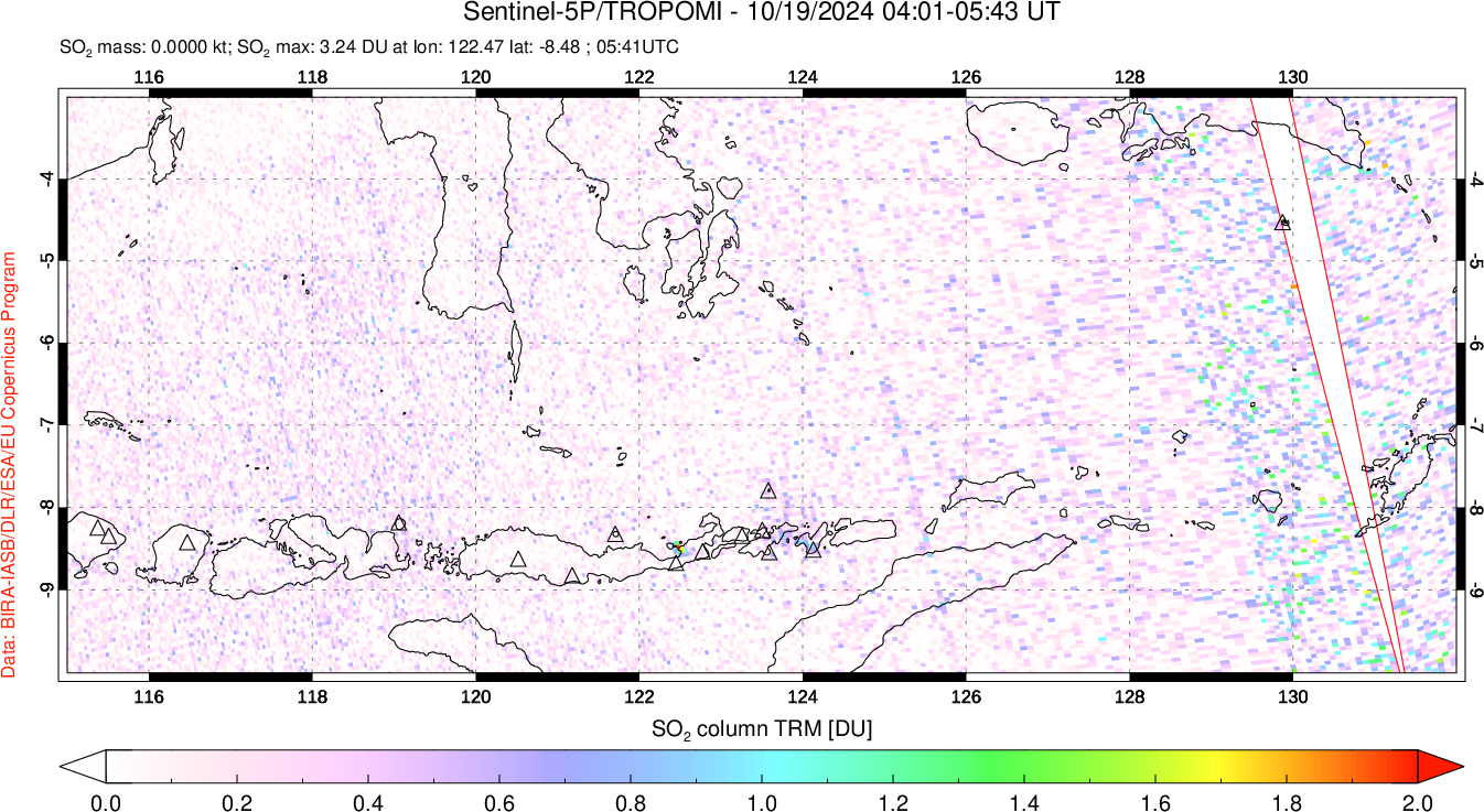 A sulfur dioxide image over Lesser Sunda Islands, Indonesia on Oct 19, 2024.