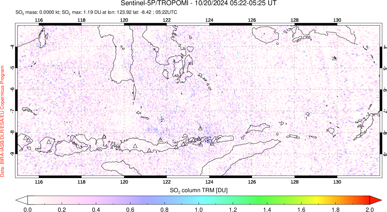 A sulfur dioxide image over Lesser Sunda Islands, Indonesia on Oct 20, 2024.