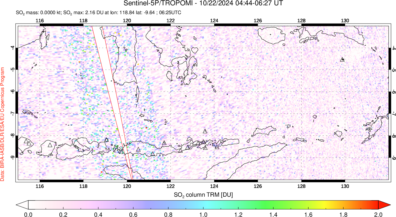 A sulfur dioxide image over Lesser Sunda Islands, Indonesia on Oct 22, 2024.