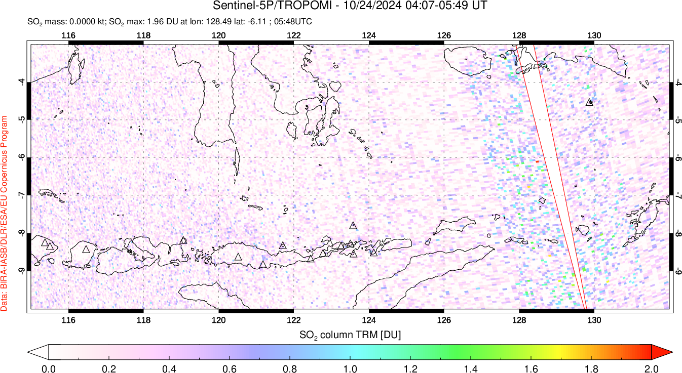 A sulfur dioxide image over Lesser Sunda Islands, Indonesia on Oct 24, 2024.