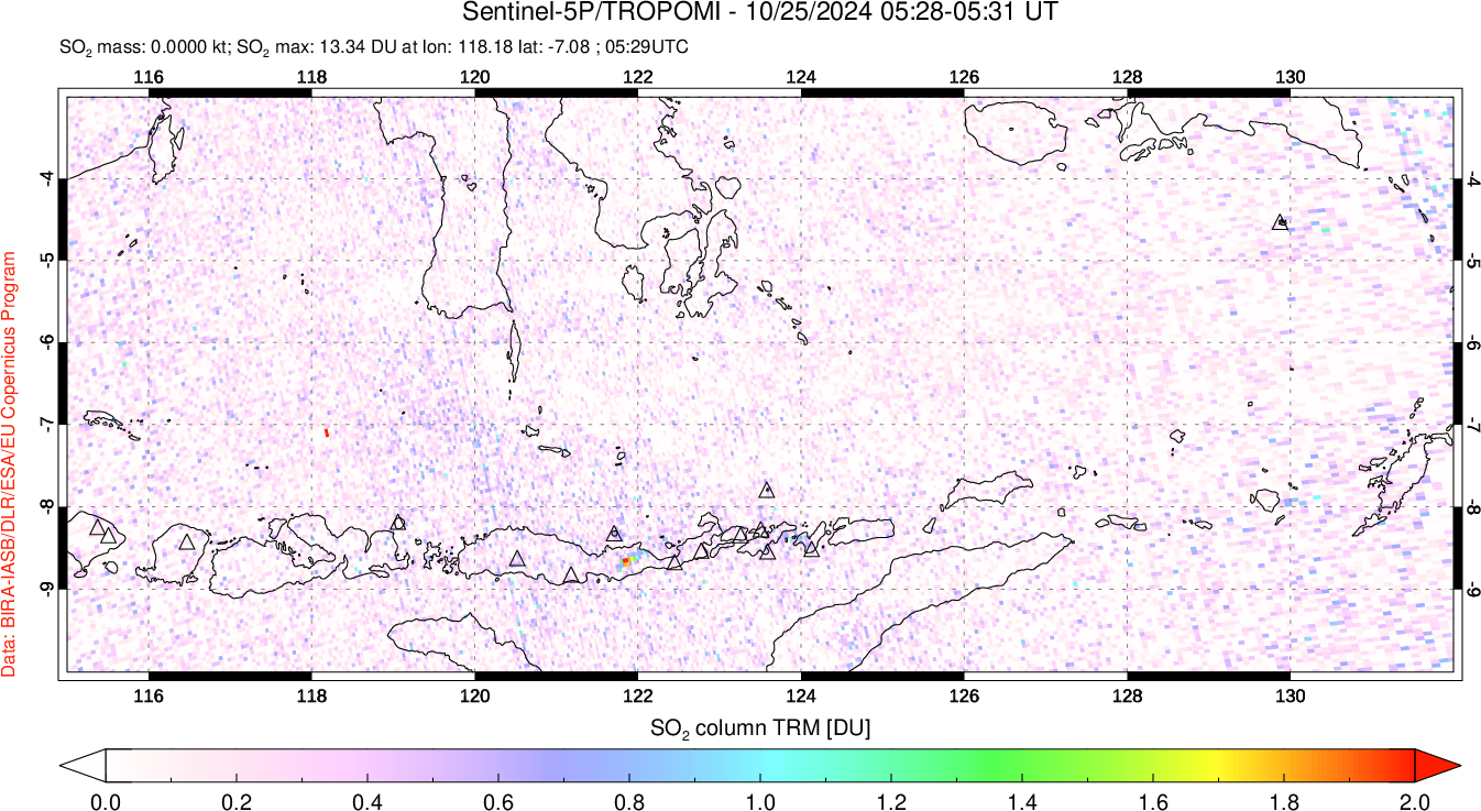 A sulfur dioxide image over Lesser Sunda Islands, Indonesia on Oct 25, 2024.