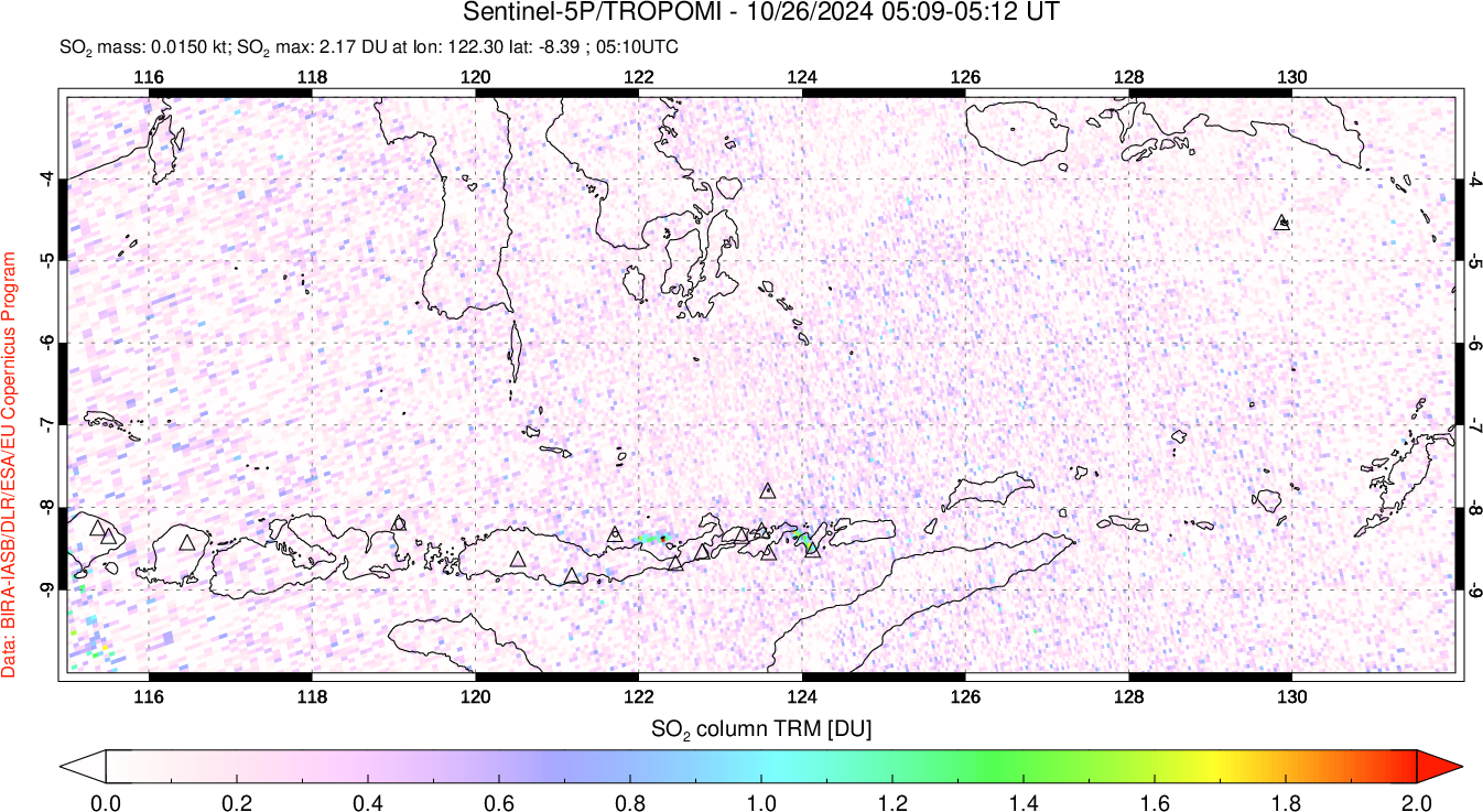 A sulfur dioxide image over Lesser Sunda Islands, Indonesia on Oct 26, 2024.