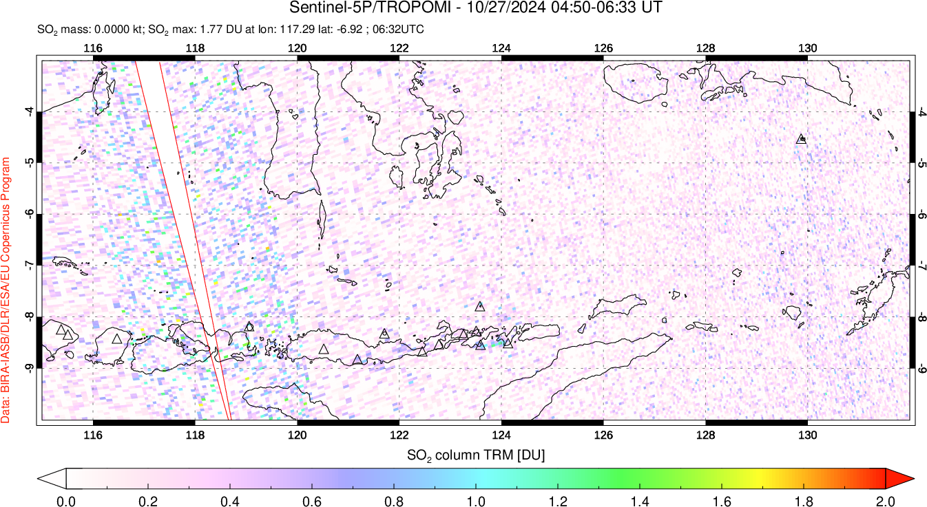 A sulfur dioxide image over Lesser Sunda Islands, Indonesia on Oct 27, 2024.