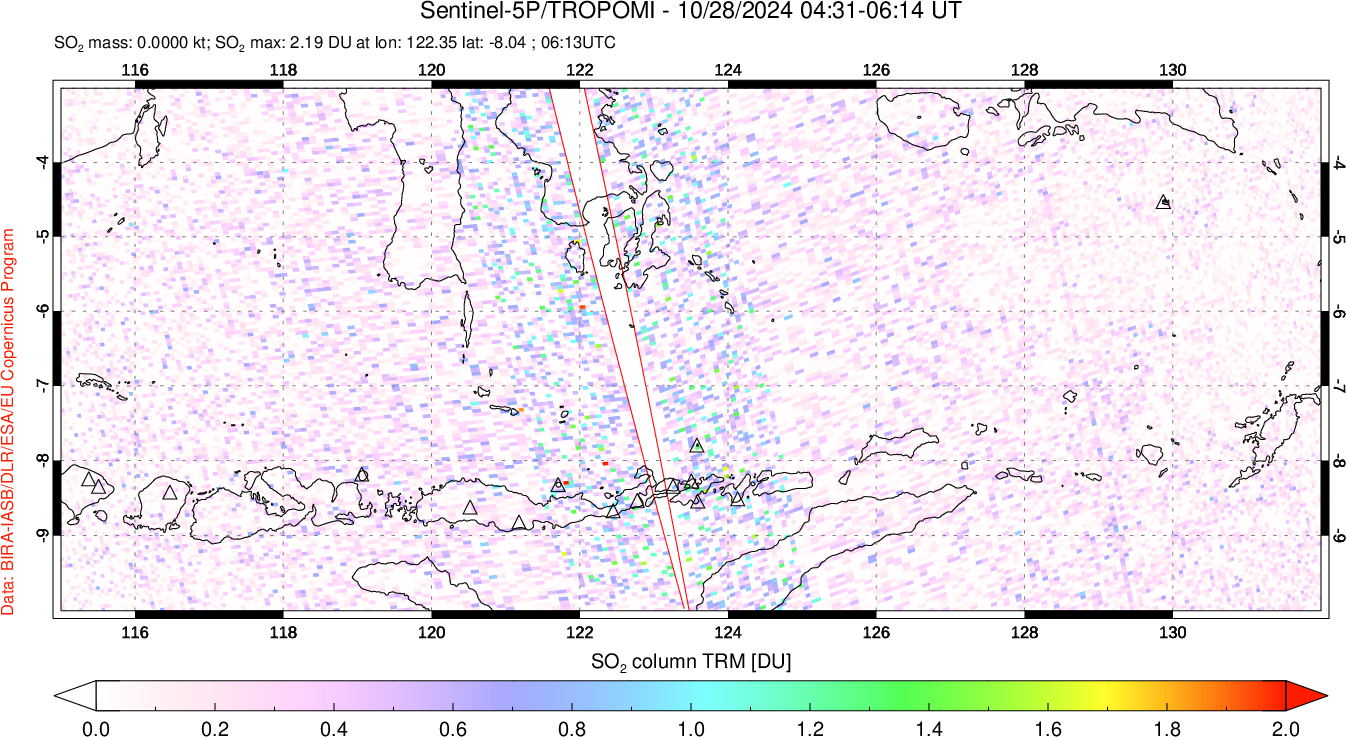 A sulfur dioxide image over Lesser Sunda Islands, Indonesia on Oct 28, 2024.