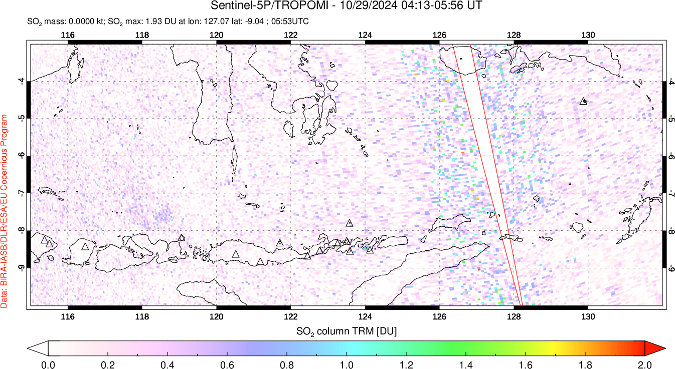 A sulfur dioxide image over Lesser Sunda Islands, Indonesia on Oct 29, 2024.