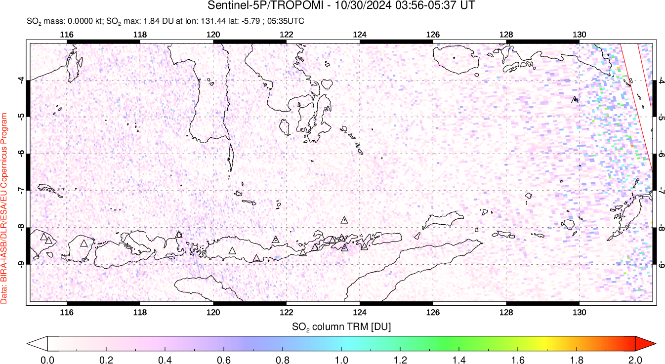 A sulfur dioxide image over Lesser Sunda Islands, Indonesia on Oct 30, 2024.