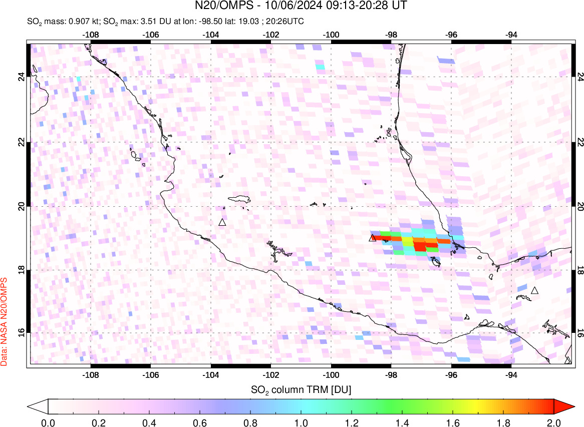 A sulfur dioxide image over Mexico on Oct 06, 2024.