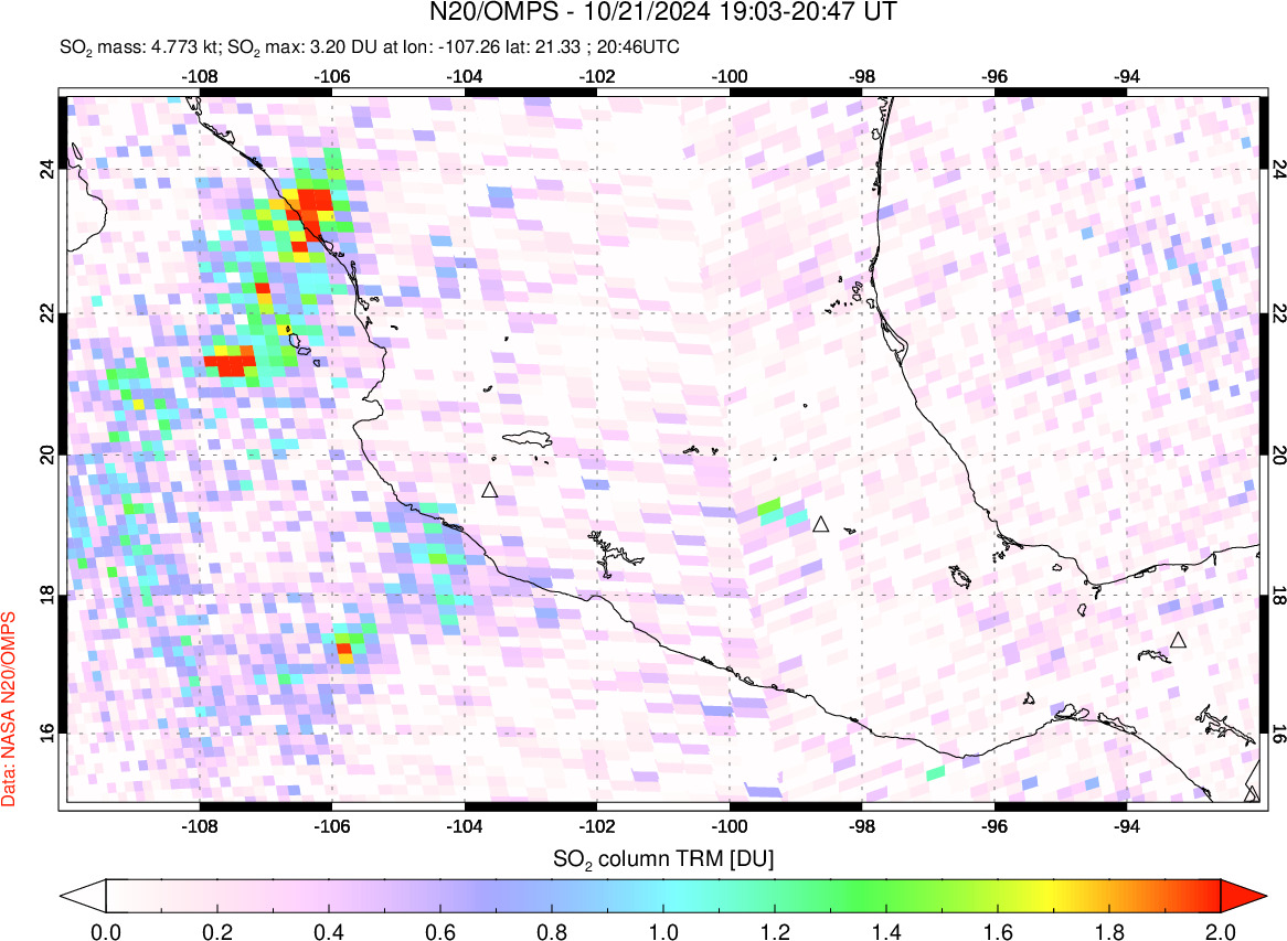 A sulfur dioxide image over Mexico on Oct 21, 2024.