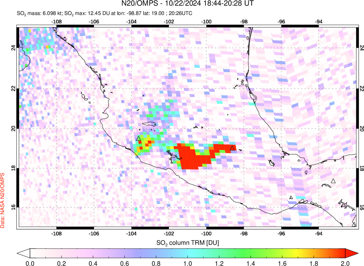 A sulfur dioxide image over Mexico on Oct 22, 2024.