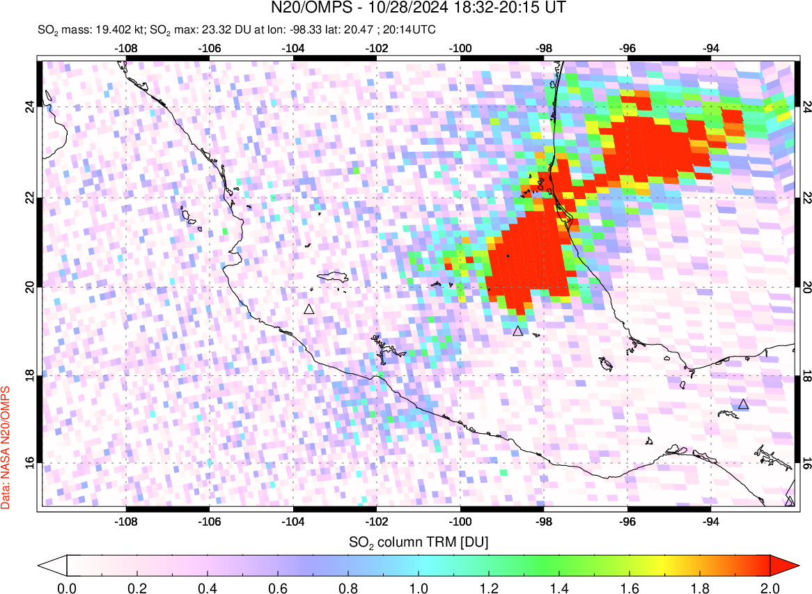 A sulfur dioxide image over Mexico on Oct 28, 2024.