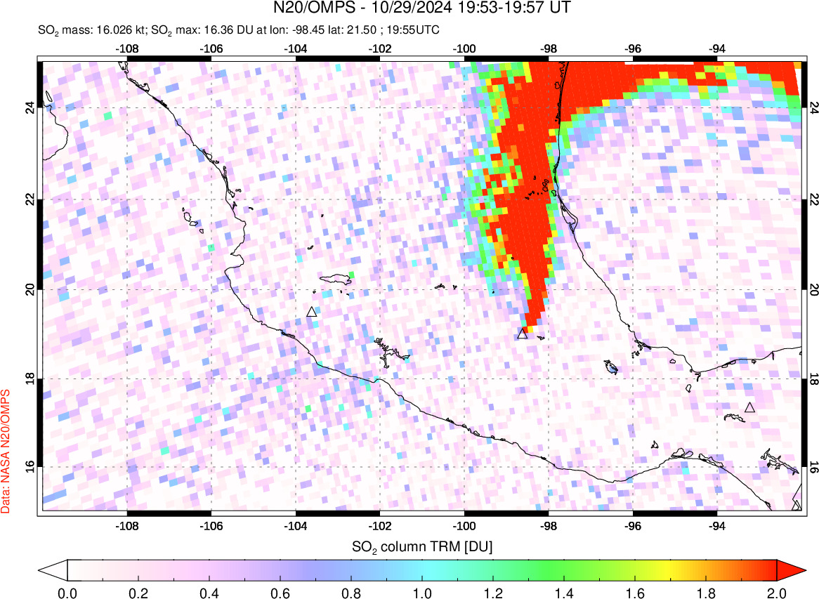 A sulfur dioxide image over Mexico on Oct 29, 2024.