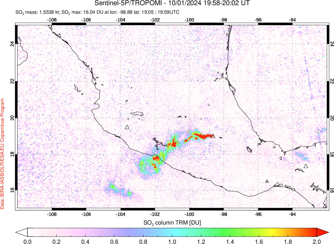 A sulfur dioxide image over Mexico on Oct 01, 2024.